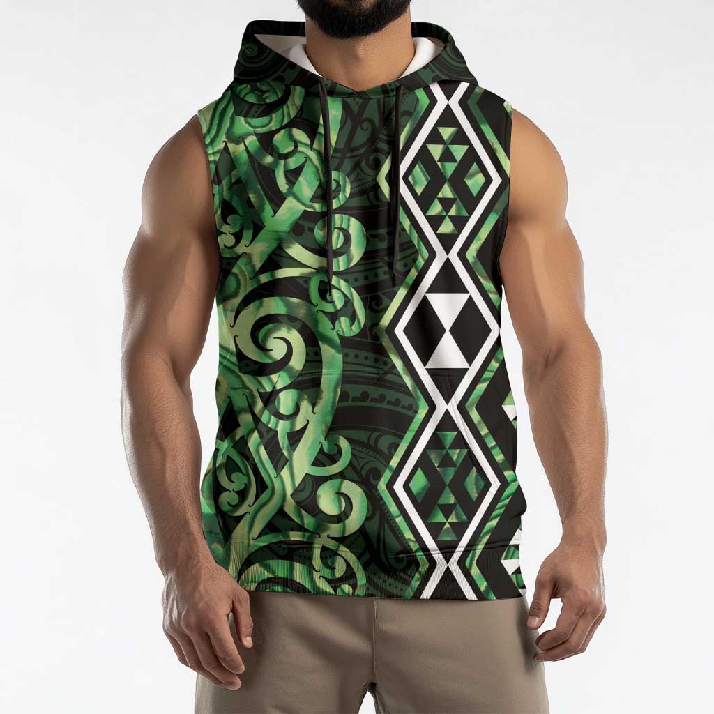 Green Aotearoa Sleeveless Hoodie Taniko Motifs With Paua Shell Kowhaiwhai LT14 - Polynesian Pride