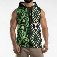 Green Aotearoa Sleeveless Hoodie Taniko Motifs With Paua Shell Kowhaiwhai LT14 - Polynesian Pride