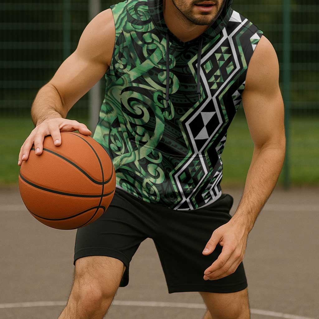 Green Aotearoa Sleeveless Hoodie Taniko Motifs With Paua Shell Kowhaiwhai LT14 - Polynesian Pride