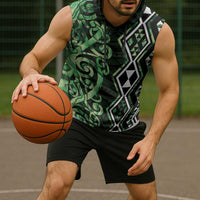 Green Aotearoa Sleeveless Hoodie Taniko Motifs With Paua Shell Kowhaiwhai LT14 - Polynesian Pride