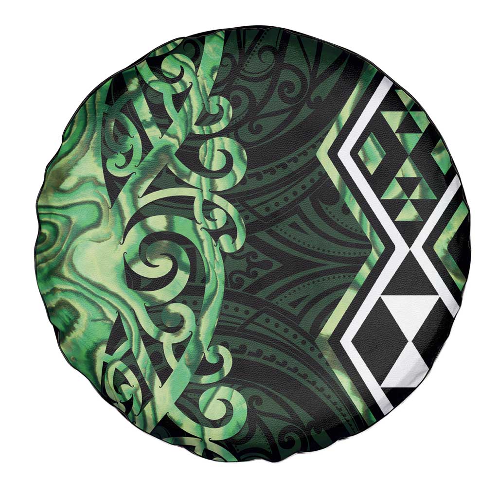 Green Aotearoa Spare Tire Cover Taniko Motifs With Paua Shell Kowhaiwhai