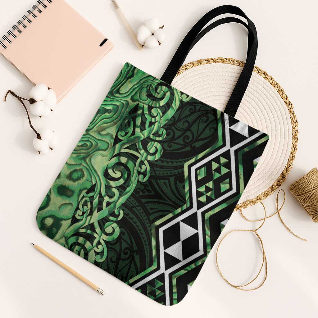 Green Aotearoa Tote Bag Taniko Motifs With Paua Shell Kowhaiwhai - Polynesian Pride