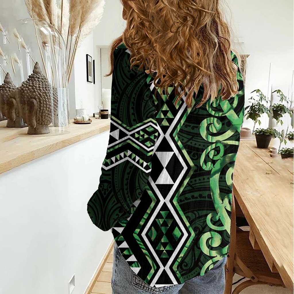 Green Aotearoa Women Casual Shirt Taniko Motifs With Paua Shell Kowhaiwhai LT14 - Polynesian Pride