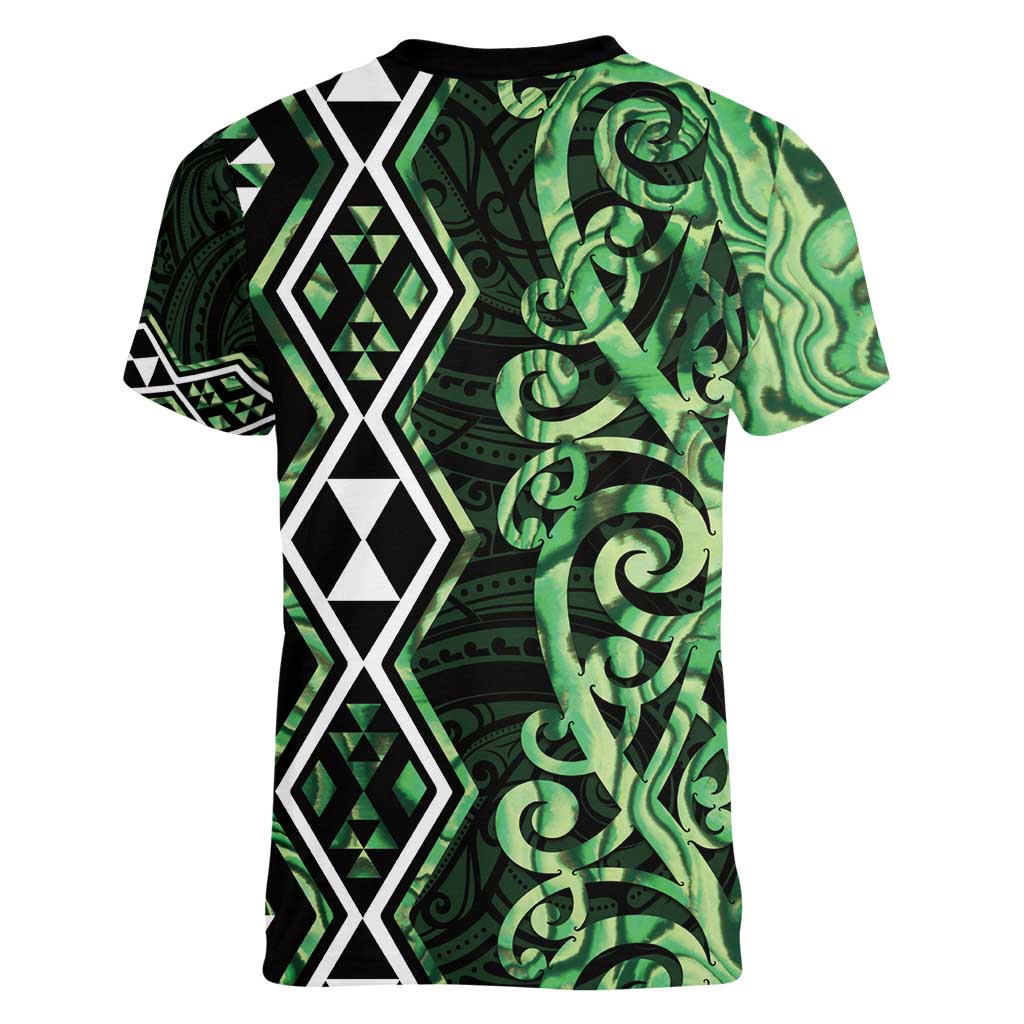 Green Aotearoa Women V-Neck T-Shirt Taniko Motifs With Paua Shell Kowhaiwhai LT14 - Polynesian Pride