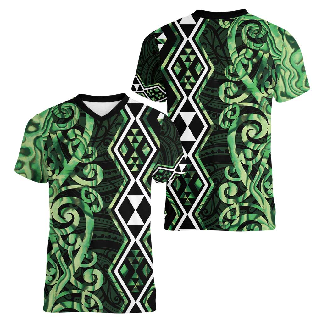 Green Aotearoa Women V-Neck T-Shirt Taniko Motifs With Paua Shell Kowhaiwhai LT14 - Polynesian Pride