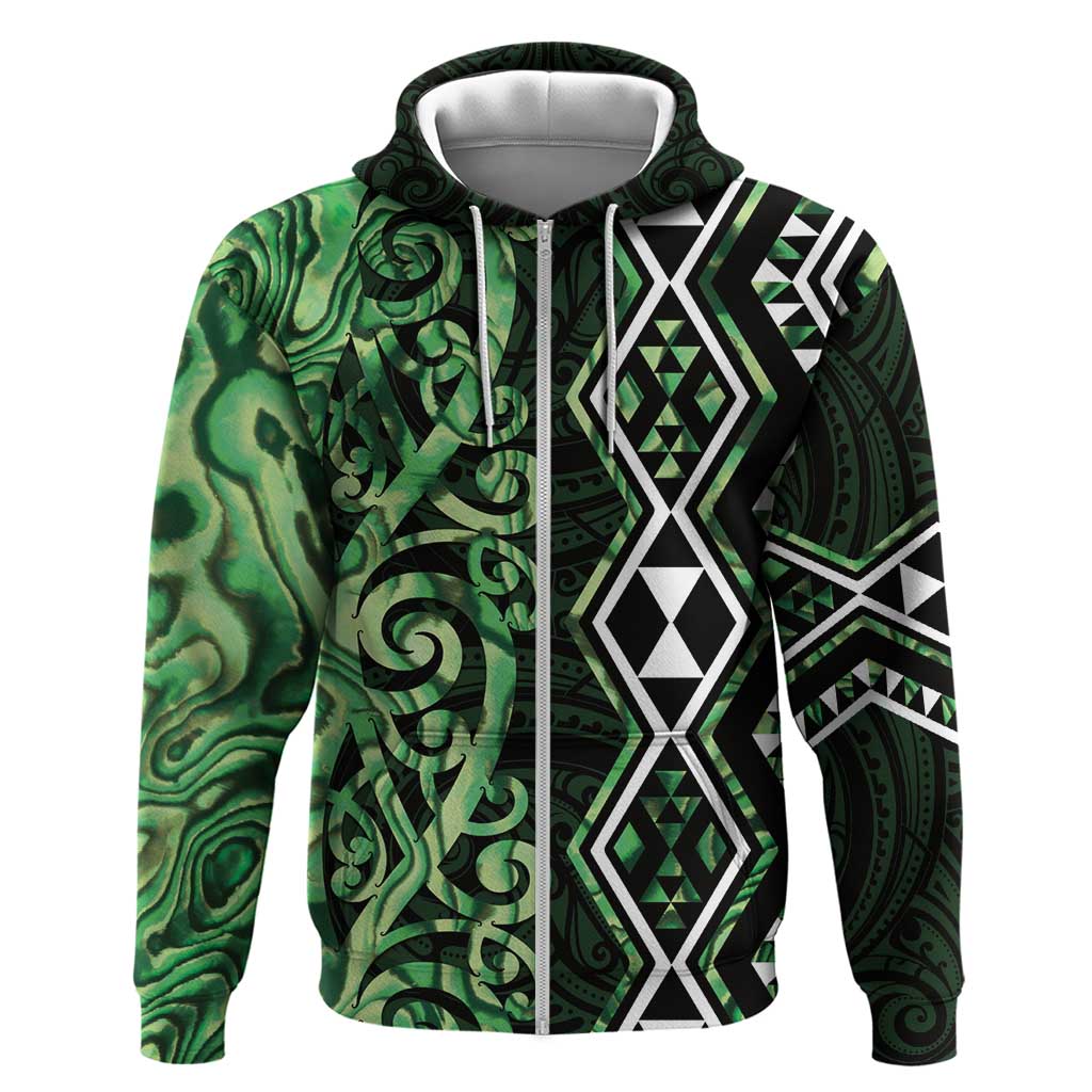 Green Aotearoa Zip Hoodie Taniko Motifs With Paua Shell Kowhaiwhai LT14 Zip Hoodie Green - Polynesian Pride
