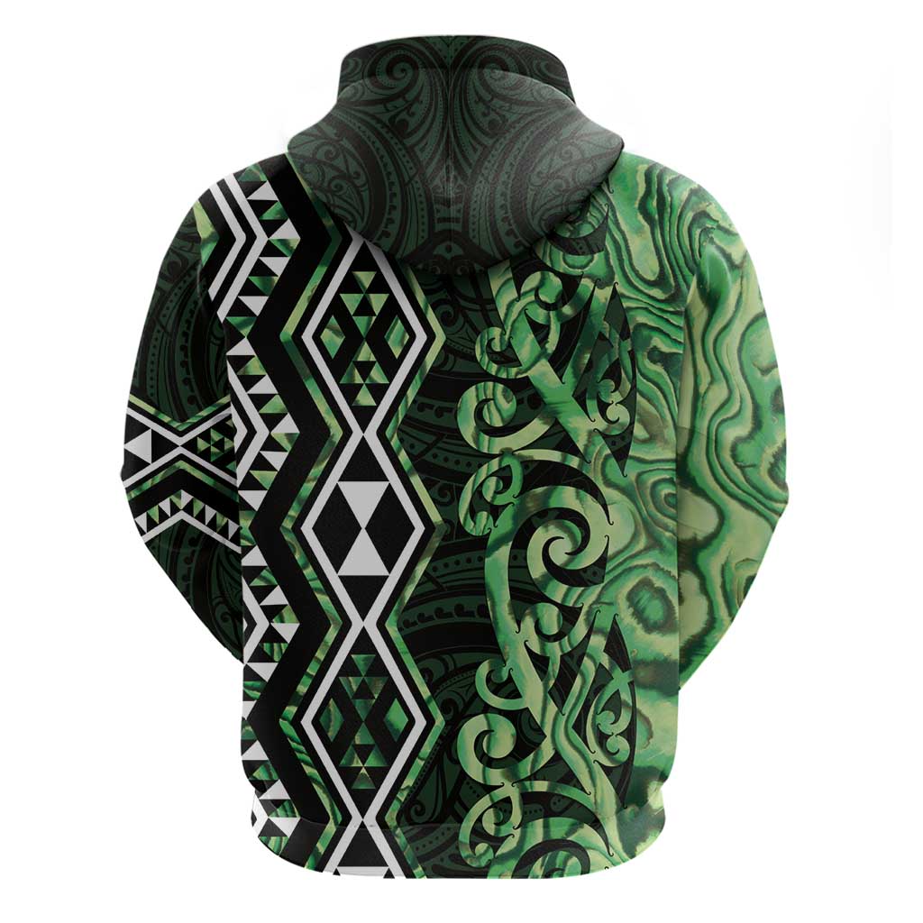 Green Aotearoa Zip Hoodie Taniko Motifs With Paua Shell Kowhaiwhai LT14 - Polynesian Pride