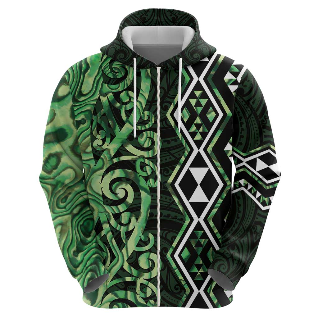 Green Aotearoa Zip Hoodie Taniko Motifs With Paua Shell Kowhaiwhai LT14 - Polynesian Pride