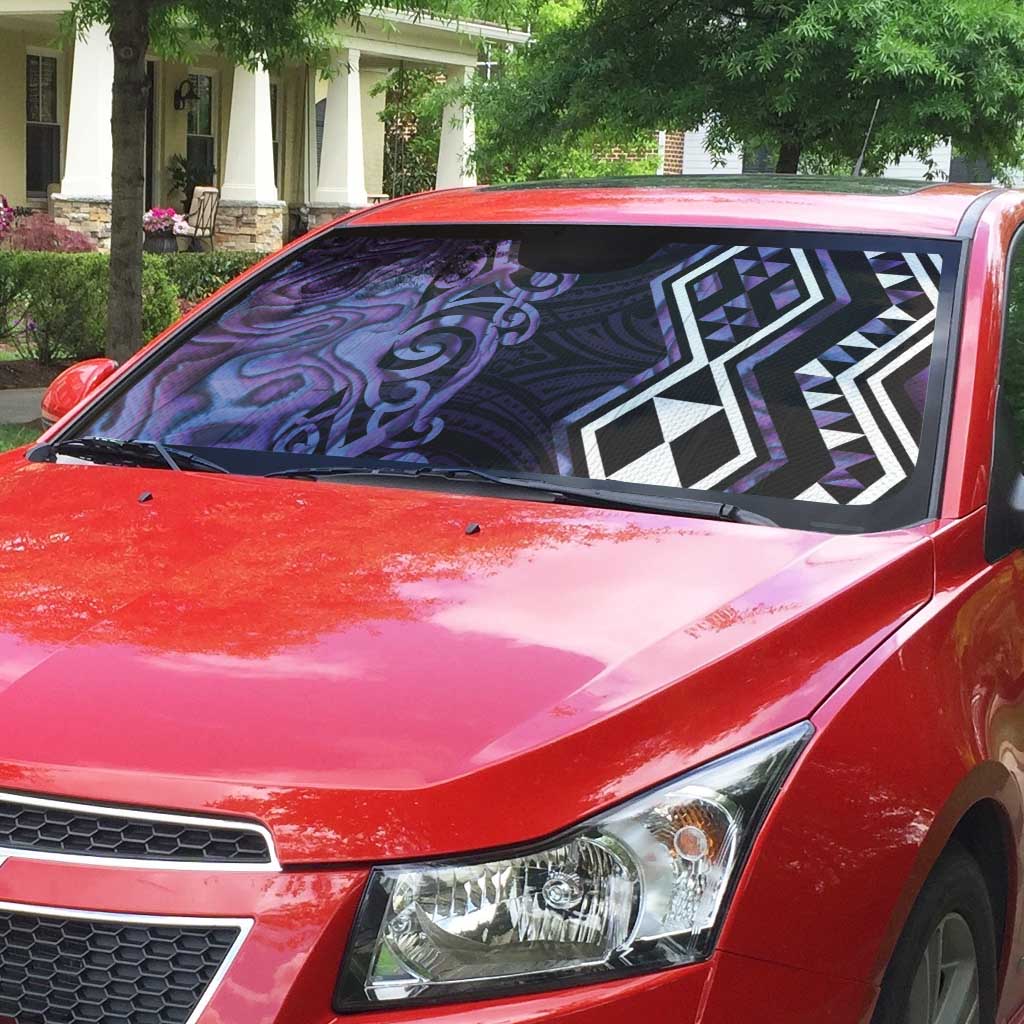 Purple Aotearoa Auto Sun Shade Taniko Motifs With Paua Shell Kowhaiwhai - Polynesian Pride