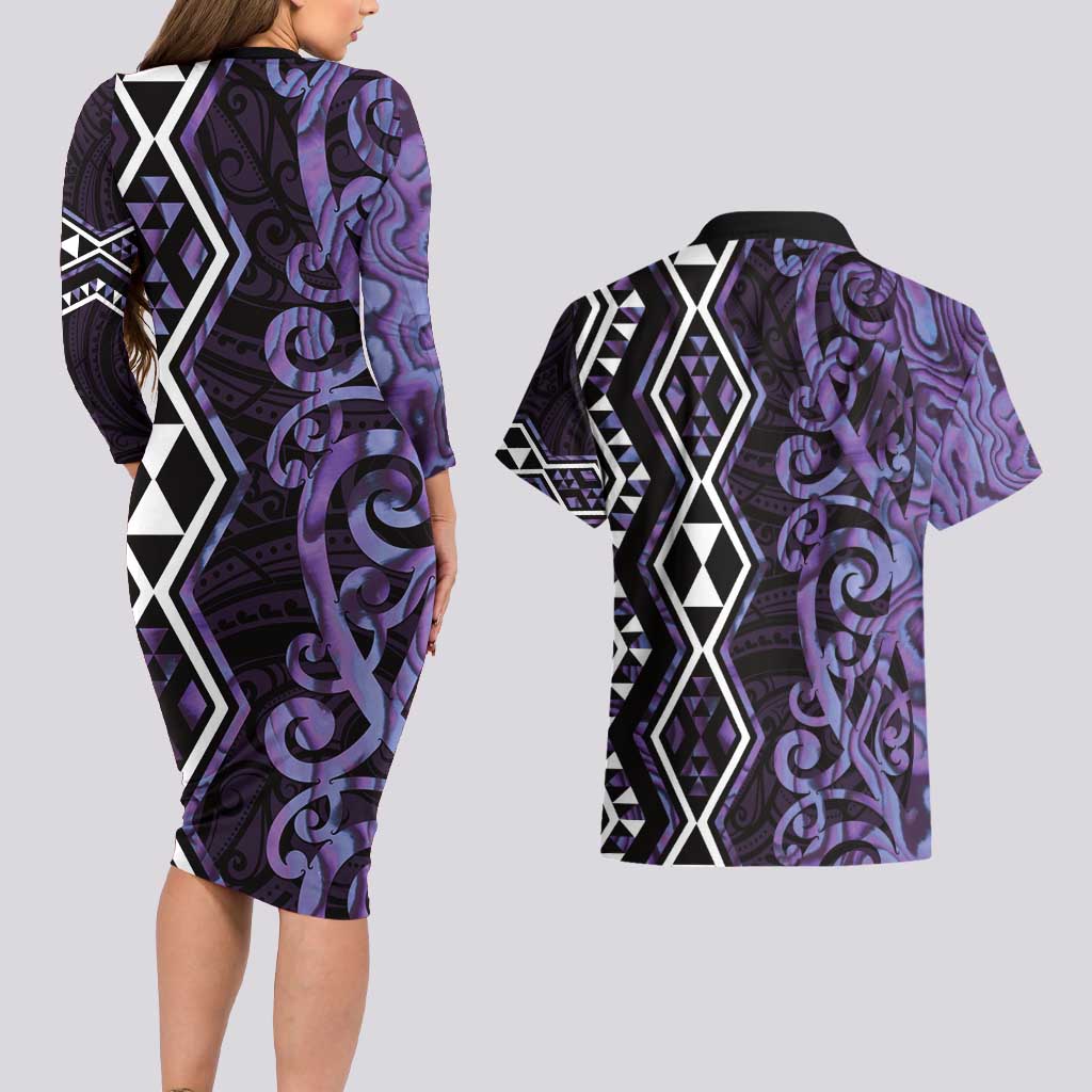 Purple Aotearoa Couples Matching Long Sleeve Bodycon Dress and Hawaiian Shirt Taniko Motifs With Paua Shell Kowhaiwhai LT14 - Polynesian Pride