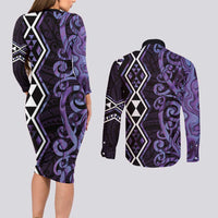 Purple Aotearoa Couples Matching Long Sleeve Bodycon Dress and Long Sleeve Button Shirt Taniko Motifs With Paua Shell Kowhaiwhai LT14 - Polynesian Pride