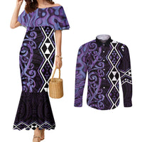 Purple Aotearoa Couples Matching Mermaid Dress and Long Sleeve Button Shirt Taniko Motifs With Paua Shell Kowhaiwhai LT14 Purple - Polynesian Pride