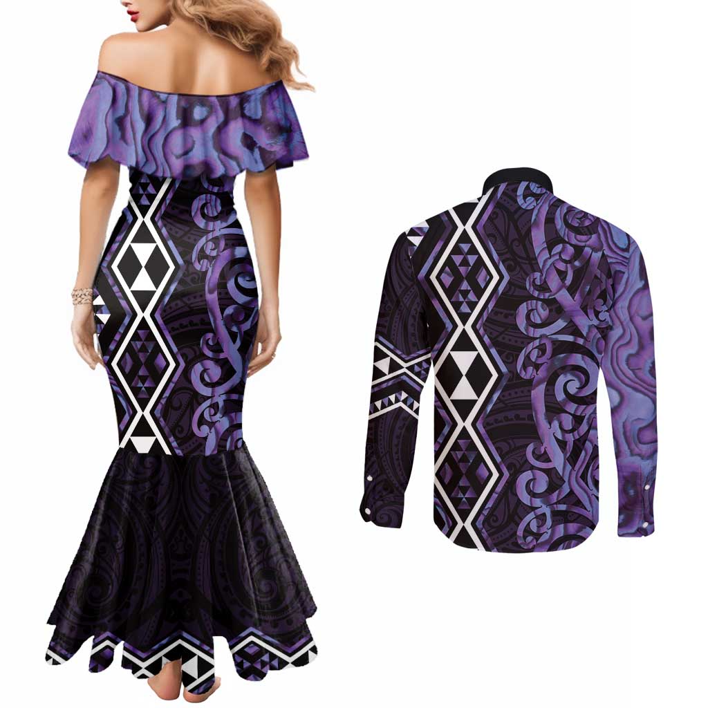 Purple Aotearoa Couples Matching Mermaid Dress and Long Sleeve Button Shirt Taniko Motifs With Paua Shell Kowhaiwhai LT14 - Polynesian Pride