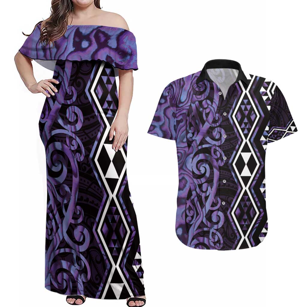 Purple Aotearoa Couples Matching Off Shoulder Maxi Dress and Hawaiian Shirt Taniko Motifs With Paua Shell Kowhaiwhai LT14 Purple - Polynesian Pride