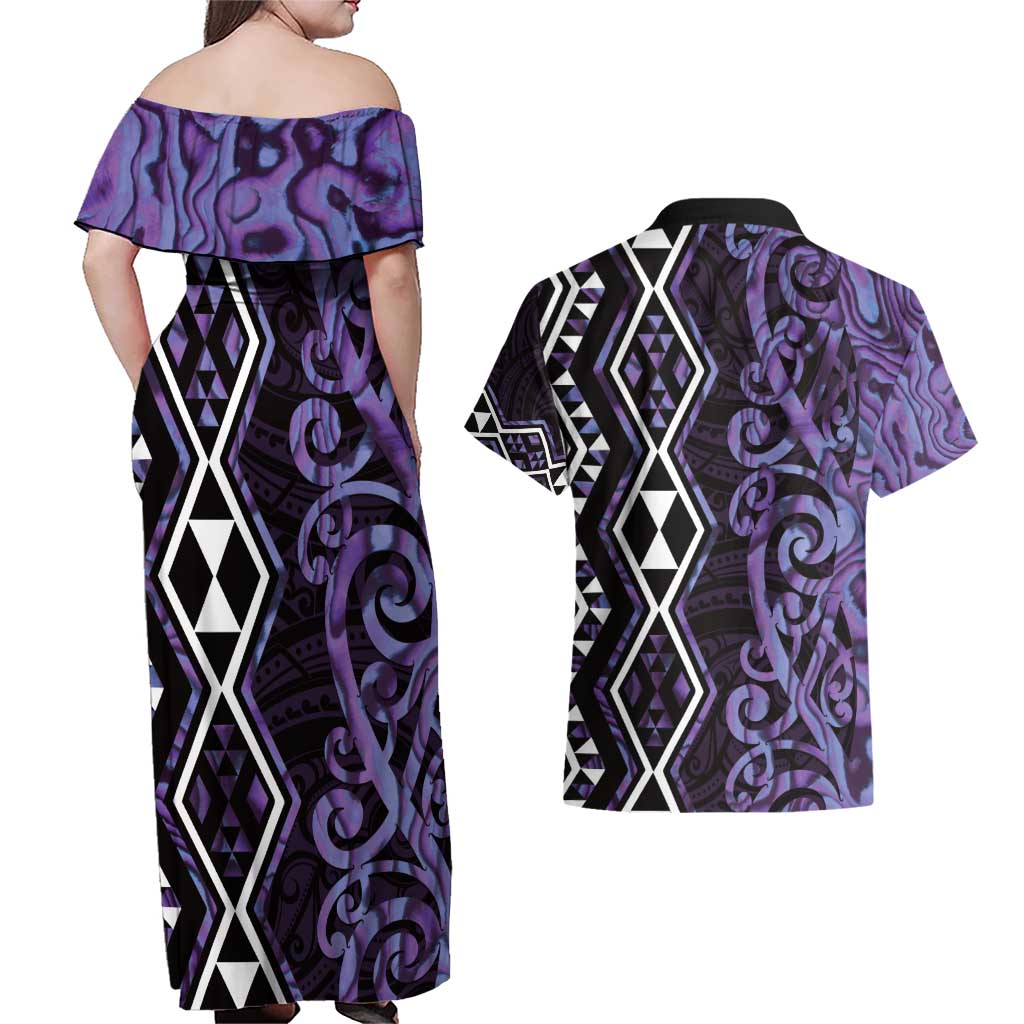 Purple Aotearoa Couples Matching Off Shoulder Maxi Dress and Hawaiian Shirt Taniko Motifs With Paua Shell Kowhaiwhai LT14 - Polynesian Pride