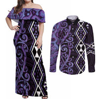 Purple Aotearoa Couples Matching Off Shoulder Maxi Dress and Long Sleeve Button Shirt Taniko Motifs With Paua Shell Kowhaiwhai LT14 Purple - Polynesian Pride