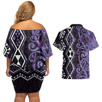 Purple Aotearoa Couples Matching Off Shoulder Short Dress and Hawaiian Shirt Taniko Motifs With Paua Shell Kowhaiwhai LT14 - Polynesian Pride