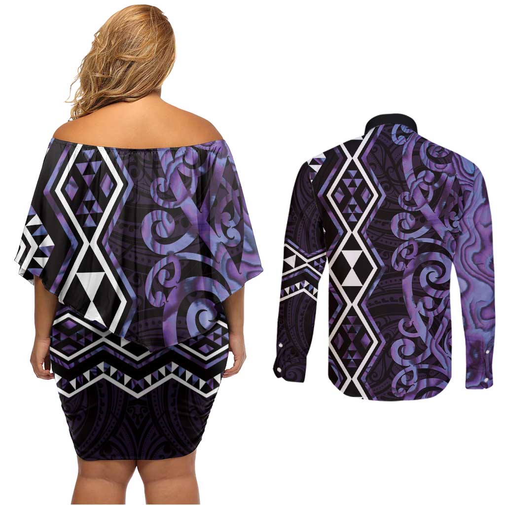 Purple Aotearoa Couples Matching Off Shoulder Short Dress and Long Sleeve Button Shirt Taniko Motifs With Paua Shell Kowhaiwhai LT14 - Polynesian Pride
