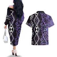 Purple Aotearoa Couples Matching Off The Shoulder Long Sleeve Dress and Hawaiian Shirt Taniko Motifs With Paua Shell Kowhaiwhai LT14 - Polynesian Pride