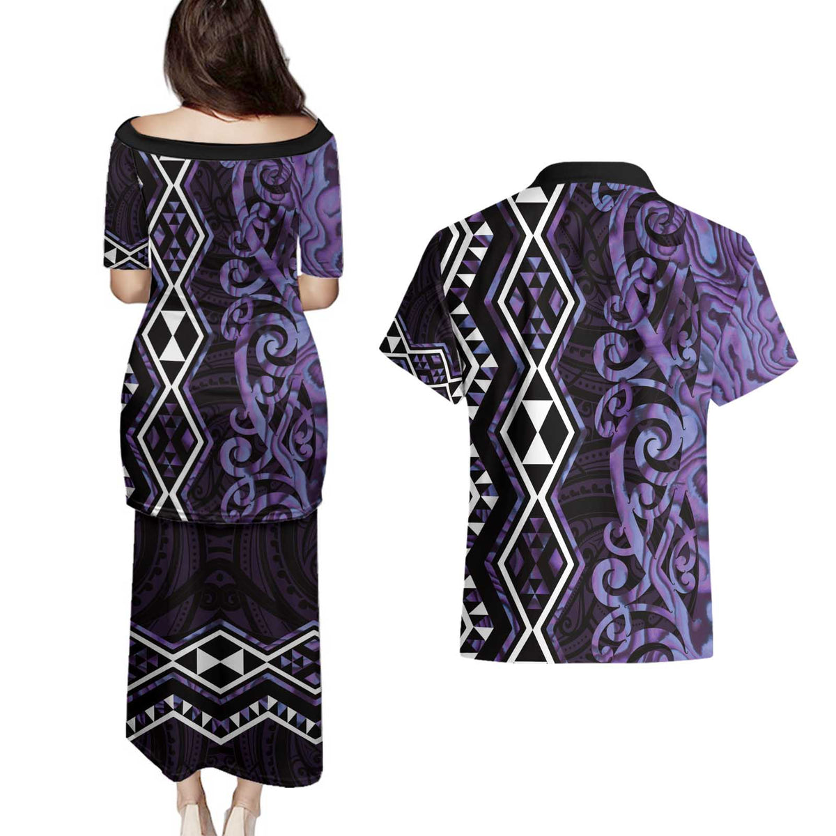 Purple Aotearoa Couples Matching Puletasi and Hawaiian Shirt Taniko Motifs With Paua Shell Kowhaiwhai LT14 - Polynesian Pride