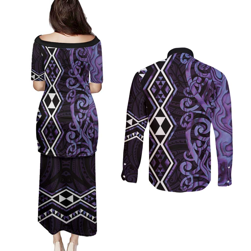 Purple Aotearoa Couples Matching Puletasi and Long Sleeve Button Shirt Taniko Motifs With Paua Shell Kowhaiwhai LT14 - Polynesian Pride
