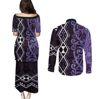 Purple Aotearoa Couples Matching Puletasi and Long Sleeve Button Shirt Taniko Motifs With Paua Shell Kowhaiwhai LT14 - Polynesian Pride