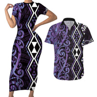 Purple Aotearoa Couples Matching Short Sleeve Bodycon Dress and Hawaiian Shirt Taniko Motifs With Paua Shell Kowhaiwhai LT14 Purple - Polynesian Pride