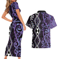 Purple Aotearoa Couples Matching Short Sleeve Bodycon Dress and Hawaiian Shirt Taniko Motifs With Paua Shell Kowhaiwhai LT14 - Polynesian Pride