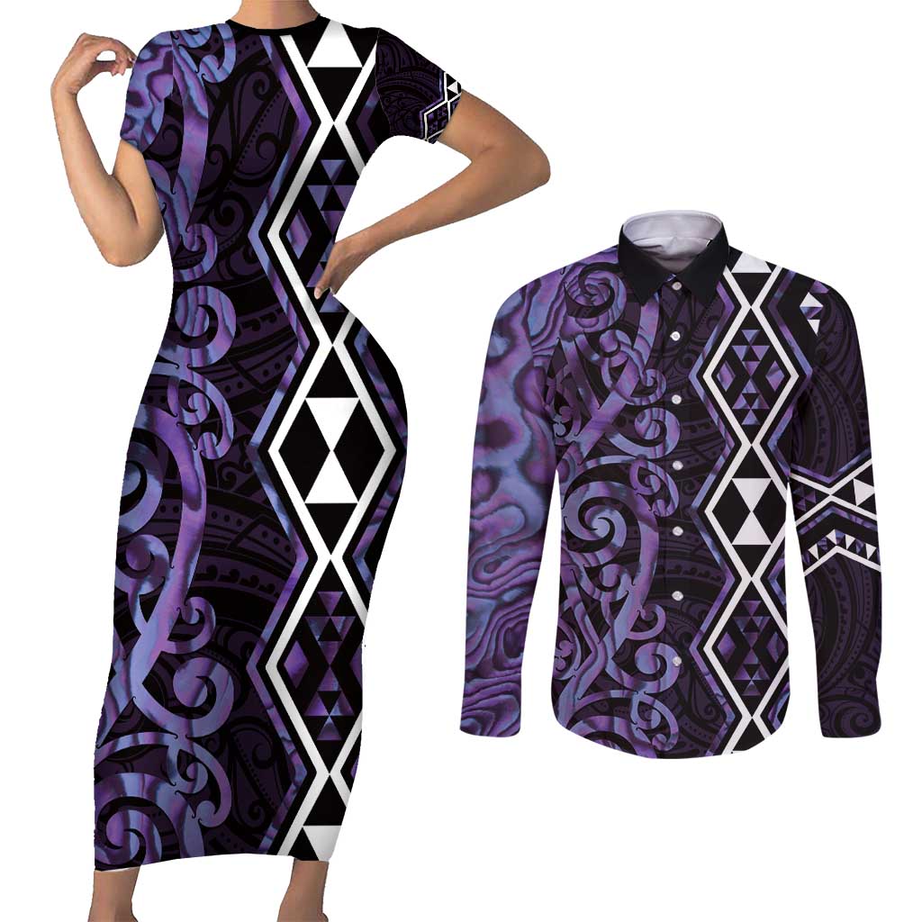 Purple Aotearoa Couples Matching Short Sleeve Bodycon Dress and Long Sleeve Button Shirt Taniko Motifs With Paua Shell Kowhaiwhai LT14 Purple - Polynesian Pride