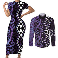 Purple Aotearoa Couples Matching Short Sleeve Bodycon Dress and Long Sleeve Button Shirt Taniko Motifs With Paua Shell Kowhaiwhai LT14 Purple - Polynesian Pride