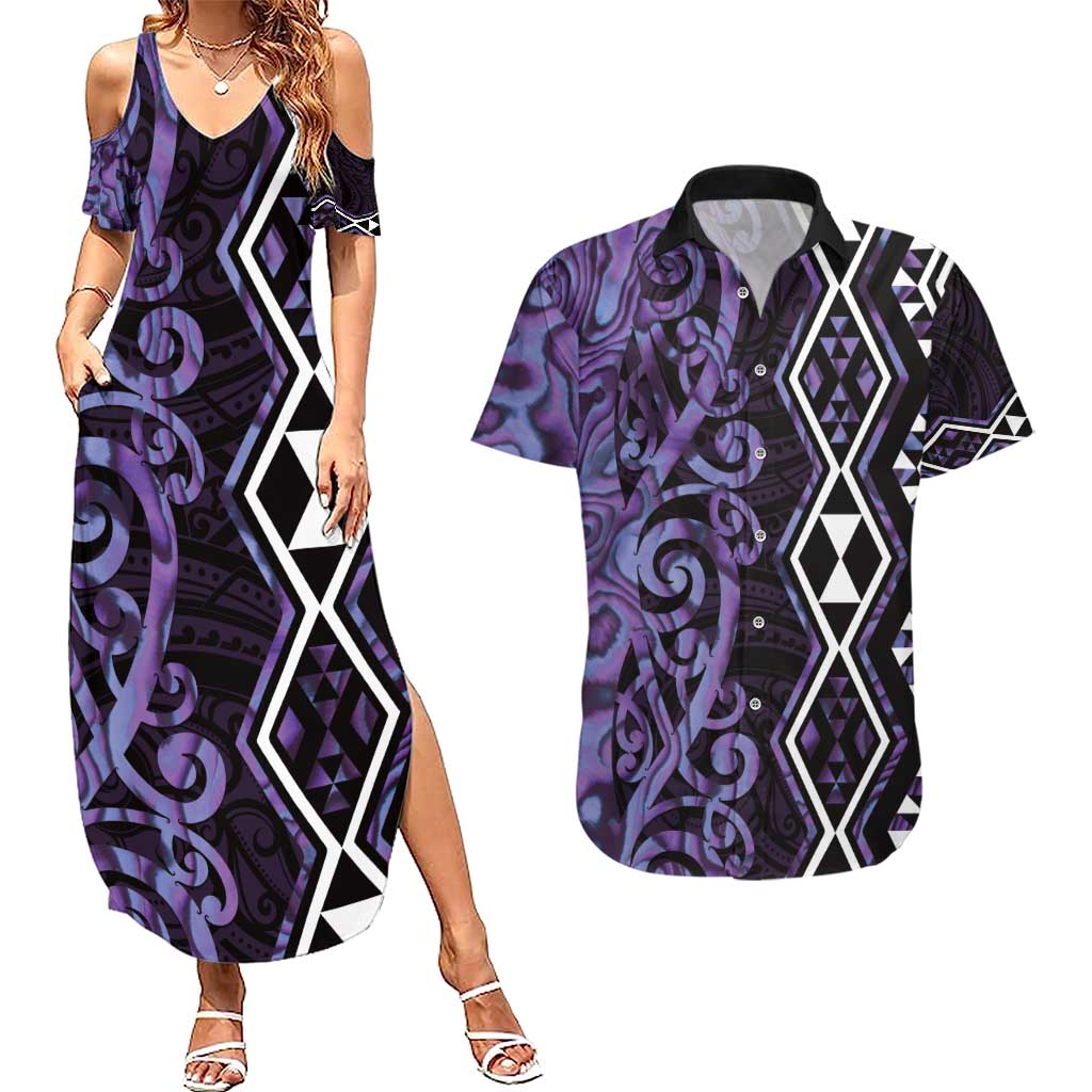 Purple Aotearoa Couples Matching Summer Maxi Dress and Hawaiian Shirt Taniko Motifs With Paua Shell Kowhaiwhai LT14 Purple - Polynesian Pride