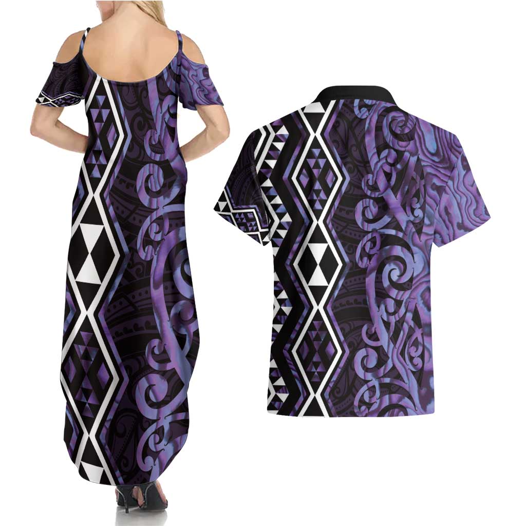 Purple Aotearoa Couples Matching Summer Maxi Dress and Hawaiian Shirt Taniko Motifs With Paua Shell Kowhaiwhai LT14 - Polynesian Pride