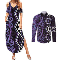 Purple Aotearoa Couples Matching Summer Maxi Dress and Long Sleeve Button Shirt Taniko Motifs With Paua Shell Kowhaiwhai LT14 Purple - Polynesian Pride