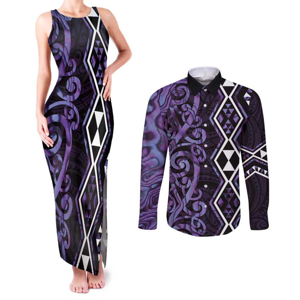 Purple Aotearoa Couples Matching Tank Maxi Dress and Long Sleeve Button Shirt Taniko Motifs With Paua Shell Kowhaiwhai LT14 Purple - Polynesian Pride