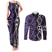 Purple Aotearoa Couples Matching Tank Maxi Dress and Long Sleeve Button Shirt Taniko Motifs With Paua Shell Kowhaiwhai LT14 Purple - Polynesian Pride
