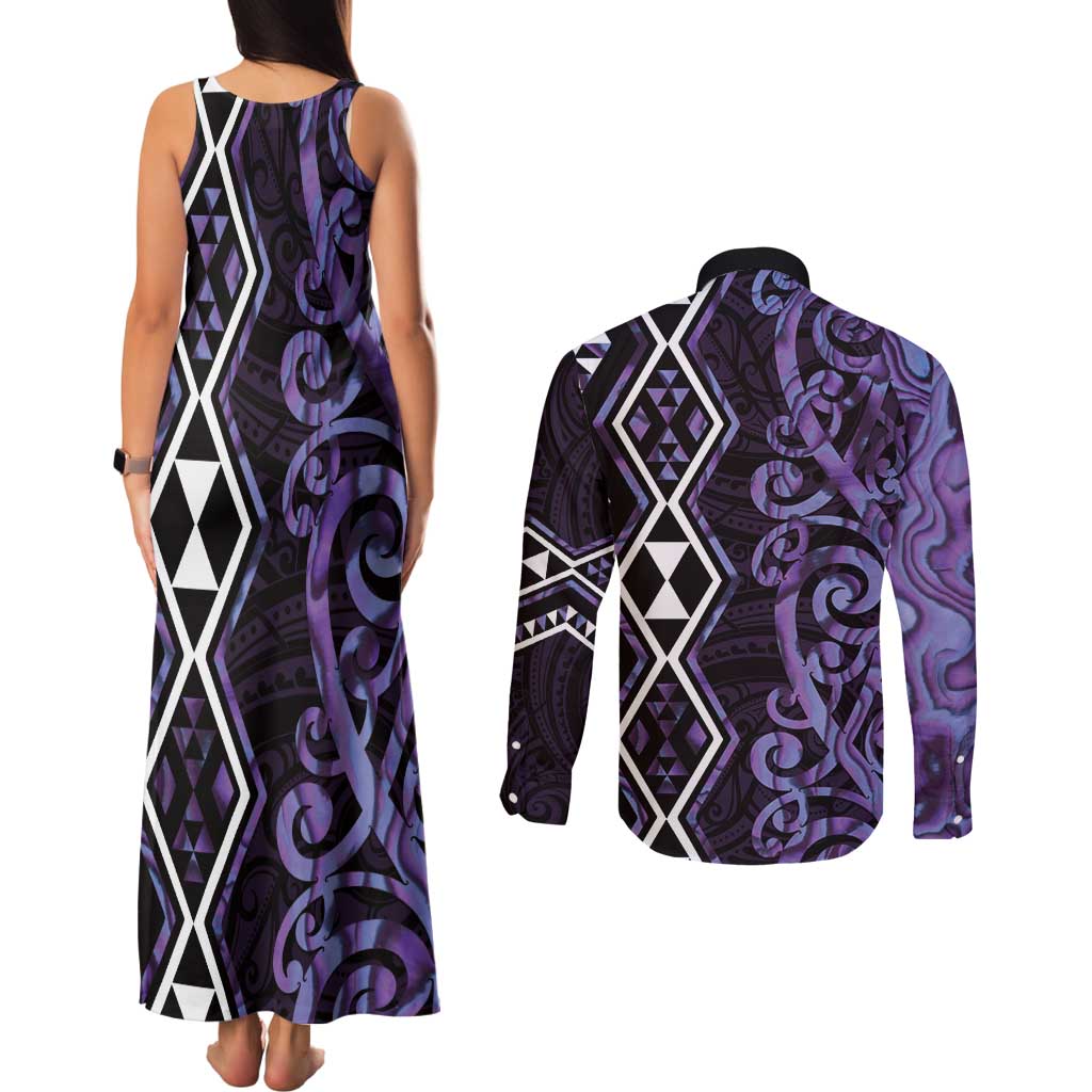 Purple Aotearoa Couples Matching Tank Maxi Dress and Long Sleeve Button Shirt Taniko Motifs With Paua Shell Kowhaiwhai LT14 - Polynesian Pride