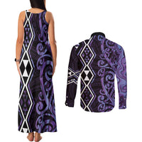 Purple Aotearoa Couples Matching Tank Maxi Dress and Long Sleeve Button Shirt Taniko Motifs With Paua Shell Kowhaiwhai LT14 - Polynesian Pride