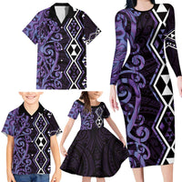 Purple Aotearoa Family Matching Long Sleeve Bodycon Dress and Hawaiian Shirt Taniko Motifs With Paua Shell Kowhaiwhai LT14 - Polynesian Pride