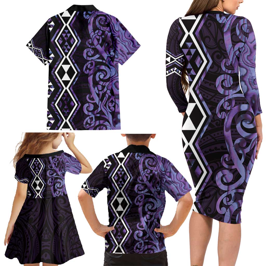Purple Aotearoa Family Matching Long Sleeve Bodycon Dress and Hawaiian Shirt Taniko Motifs With Paua Shell Kowhaiwhai LT14 - Polynesian Pride