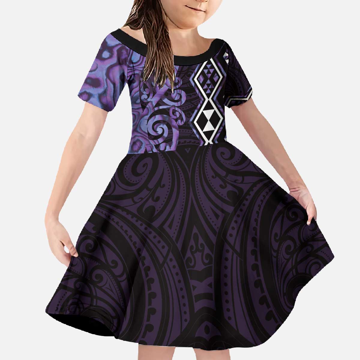 Purple Aotearoa Family Matching Off The Shoulder Long Sleeve Dress and Hawaiian Shirt Taniko Motifs With Paua Shell Kowhaiwhai LT14 Daughter's Dress Purple - Polynesian Pride