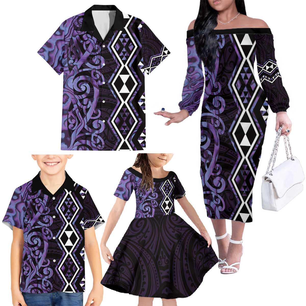 Purple Aotearoa Family Matching Off The Shoulder Long Sleeve Dress and Hawaiian Shirt Taniko Motifs With Paua Shell Kowhaiwhai LT14 - Polynesian Pride