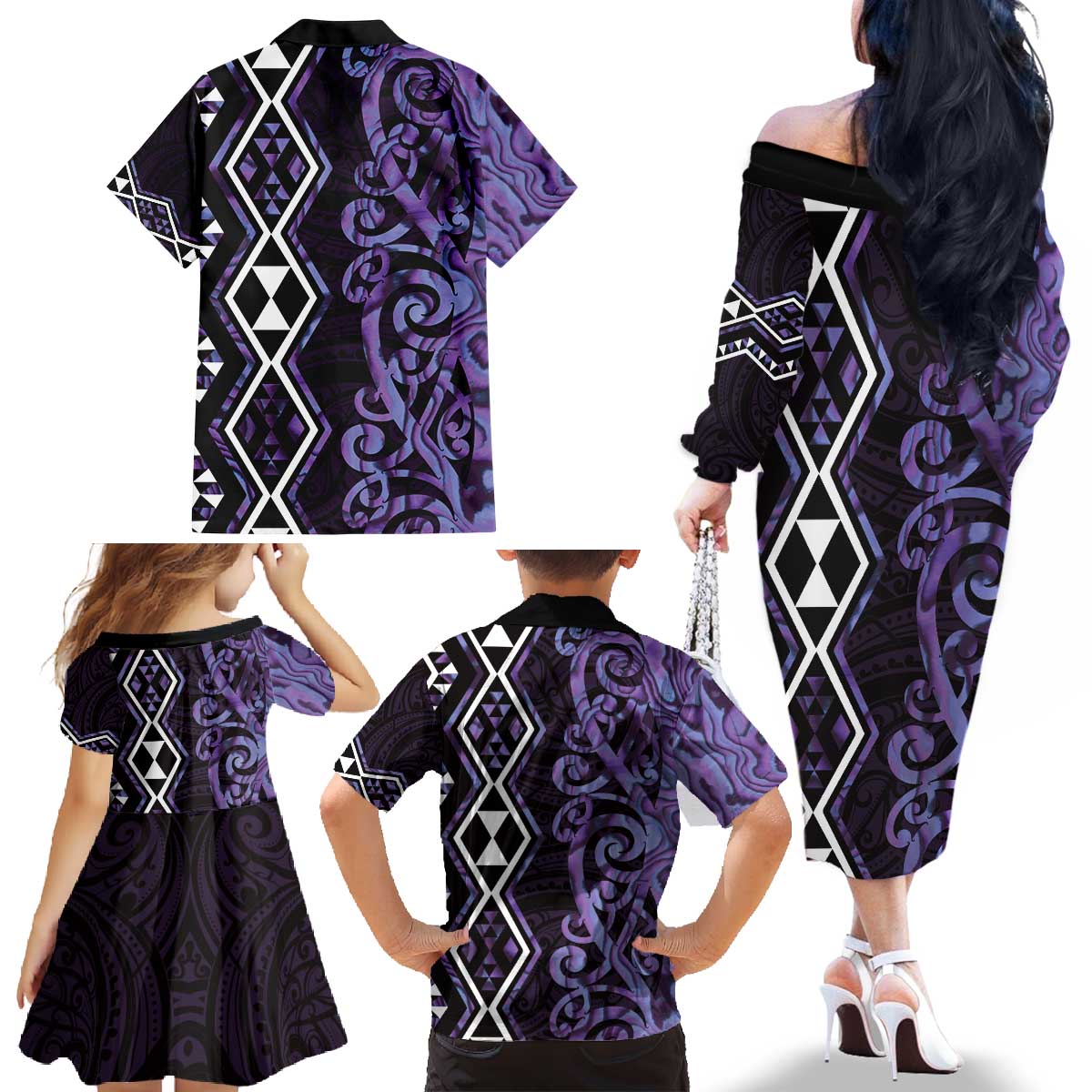 Purple Aotearoa Family Matching Off The Shoulder Long Sleeve Dress and Hawaiian Shirt Taniko Motifs With Paua Shell Kowhaiwhai LT14 - Polynesian Pride
