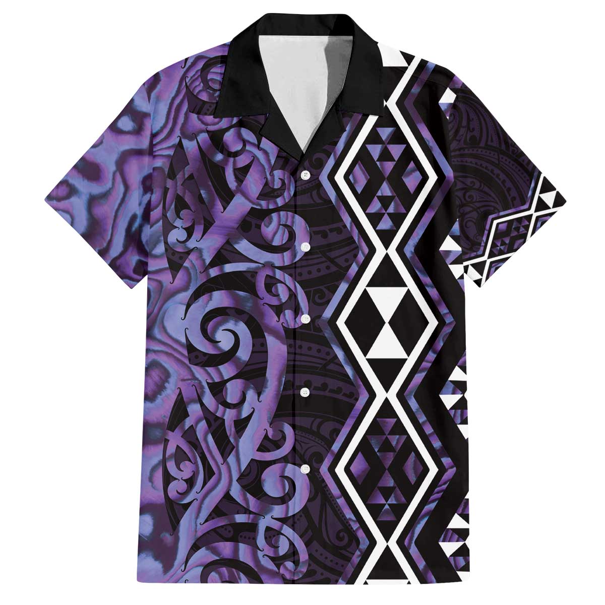 Purple Aotearoa Family Matching Off The Shoulder Long Sleeve Dress and Hawaiian Shirt Taniko Motifs With Paua Shell Kowhaiwhai LT14 Dad's Shirt - Short Sleeve Purple - Polynesian Pride