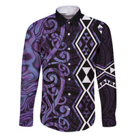 Purple Aotearoa Family Matching Off Shoulder Maxi Dress and Hawaiian Shirt Taniko Motifs With Paua Shell Kowhaiwhai LT14 Dad's Shirt - Long Sleeve Purple - Polynesian Pride