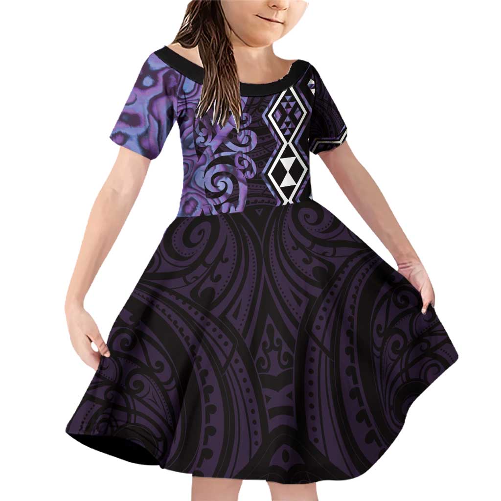 Purple Aotearoa Family Matching Off Shoulder Short Dress and Hawaiian Shirt Taniko Motifs With Paua Shell Kowhaiwhai LT14 Daughter's Dress Purple - Polynesian Pride