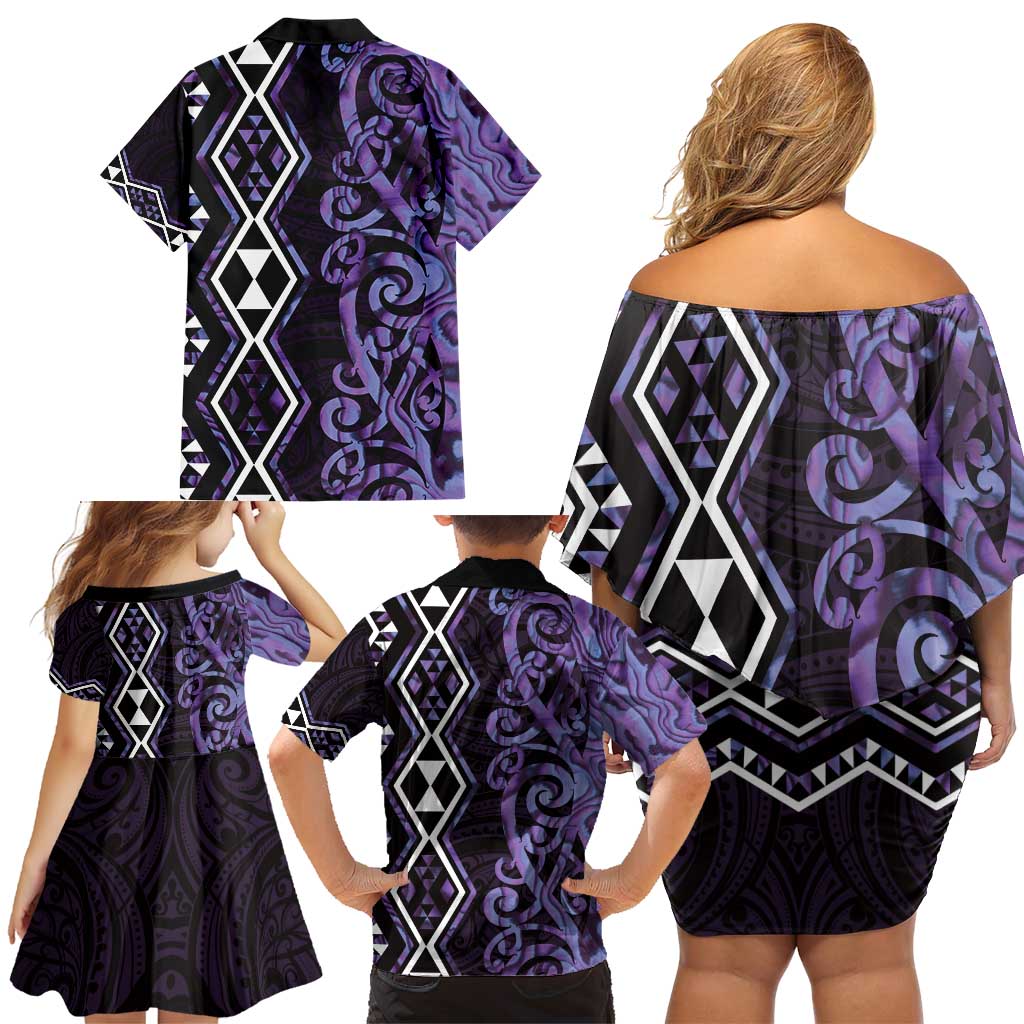 Purple Aotearoa Family Matching Off Shoulder Short Dress and Hawaiian Shirt Taniko Motifs With Paua Shell Kowhaiwhai LT14 - Polynesian Pride