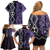 Purple Aotearoa Family Matching Off Shoulder Short Dress and Hawaiian Shirt Taniko Motifs With Paua Shell Kowhaiwhai LT14 - Polynesian Pride