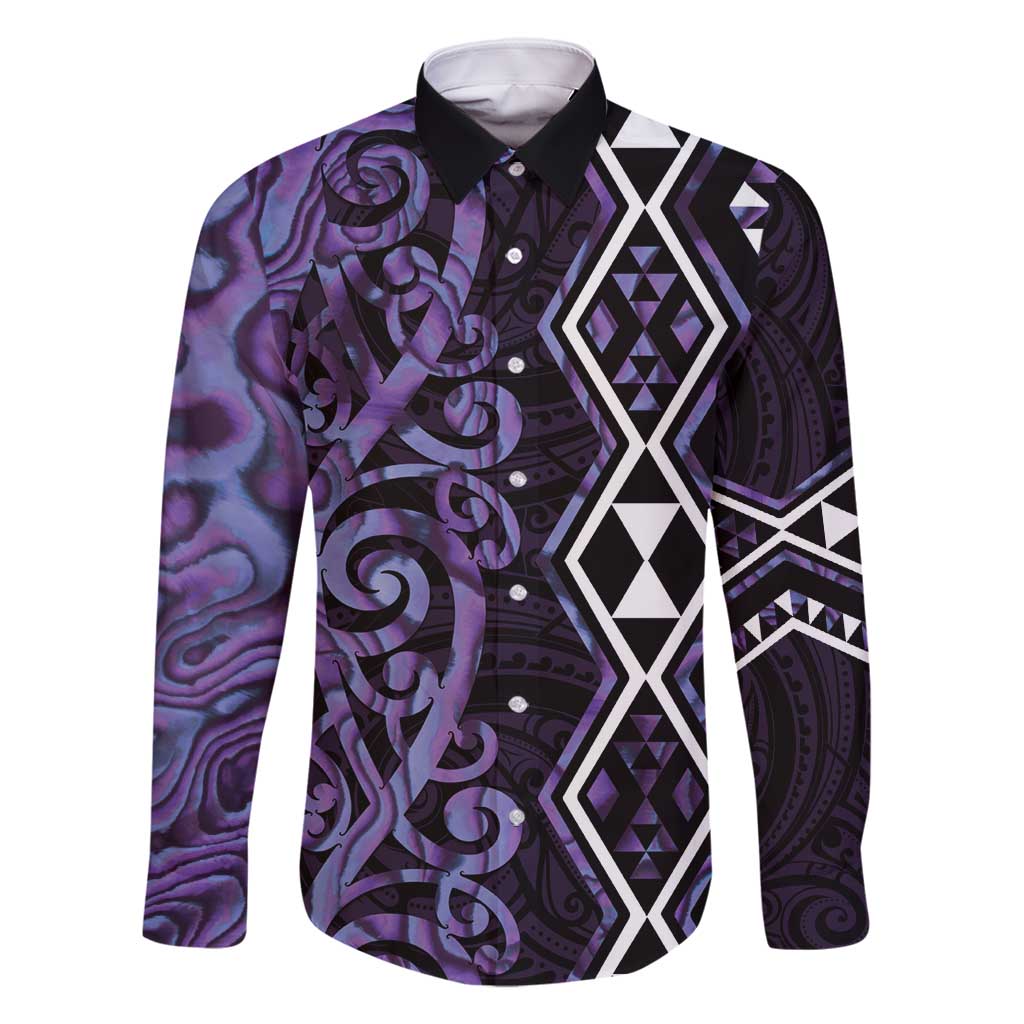 Purple Aotearoa Family Matching Off Shoulder Short Dress and Hawaiian Shirt Taniko Motifs With Paua Shell Kowhaiwhai LT14 Dad's Shirt - Long Sleeve Purple - Polynesian Pride
