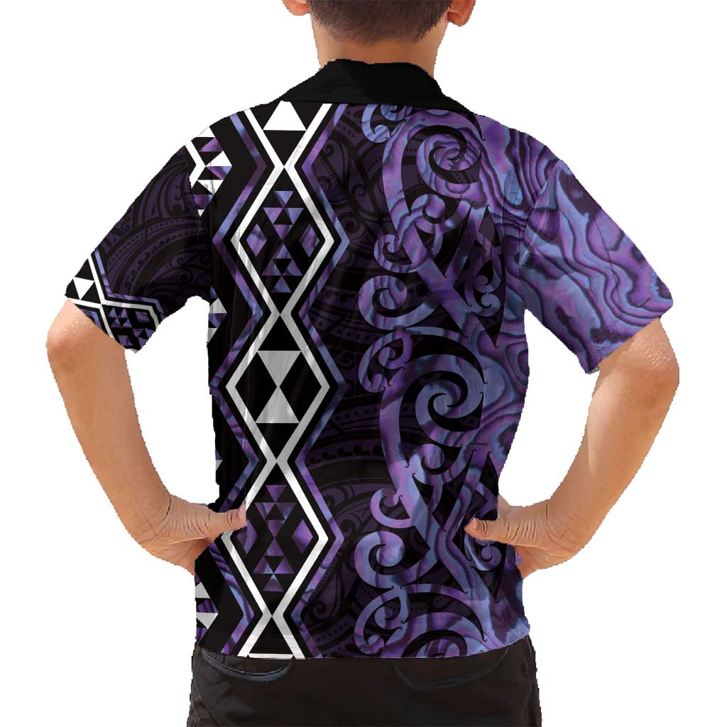 Purple Aotearoa Family Matching Puletasi and Hawaiian Shirt Taniko Motifs With Paua Shell Kowhaiwhai LT14 - Polynesian Pride