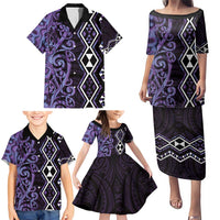 Purple Aotearoa Family Matching Puletasi and Hawaiian Shirt Taniko Motifs With Paua Shell Kowhaiwhai LT14 - Polynesian Pride